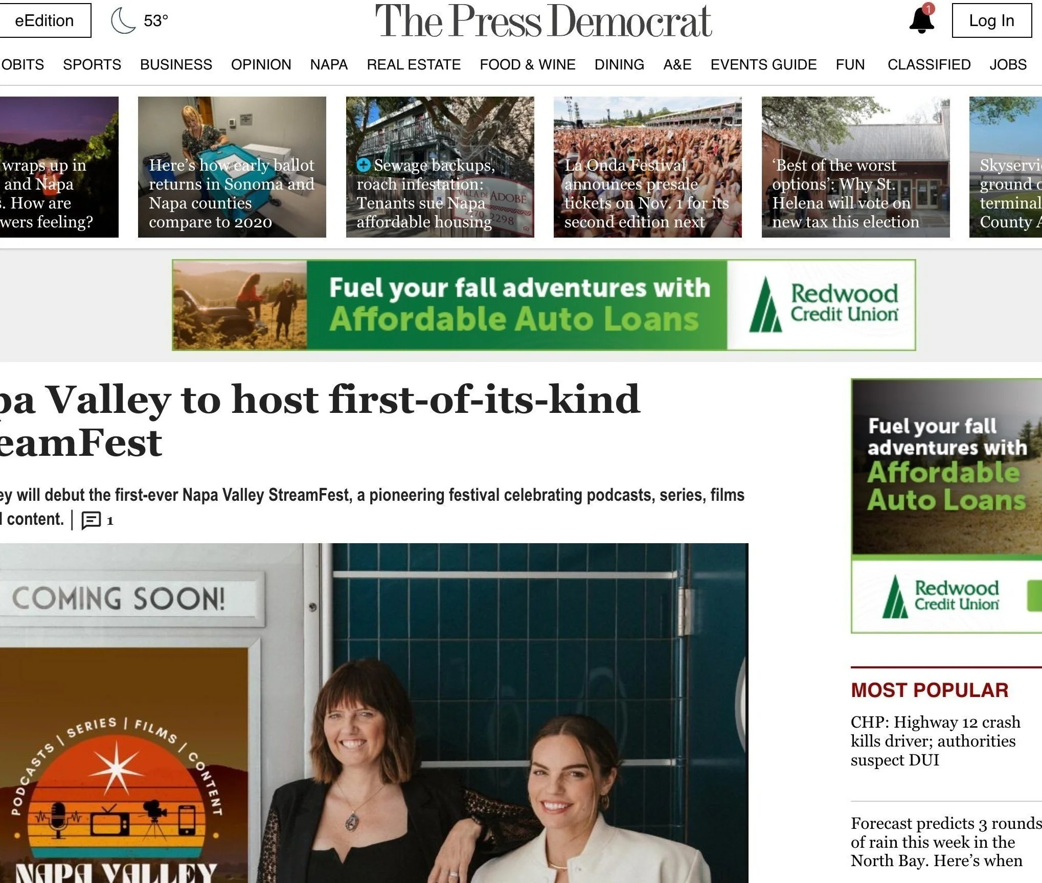 Press Democrat: Napa Valley to host first-of-its-kind StreamFest